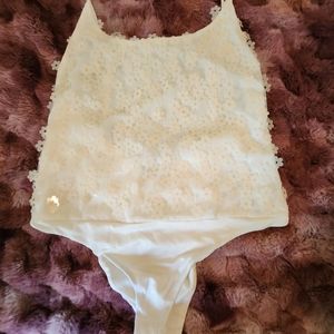 Zara Floral Daisy Sequin Cream Ecru Scoop Back Bodysuit LARGE never worn!